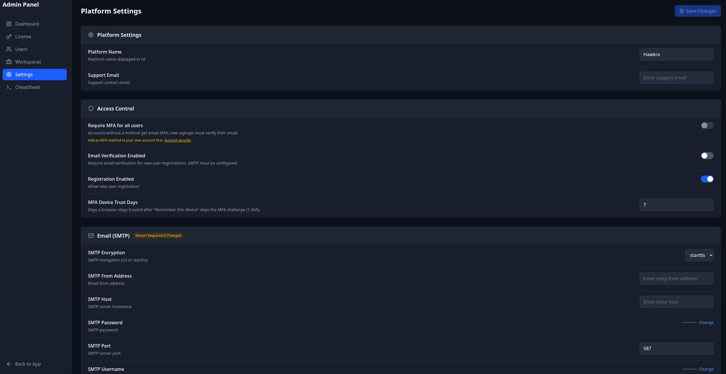 Admin settings page overview