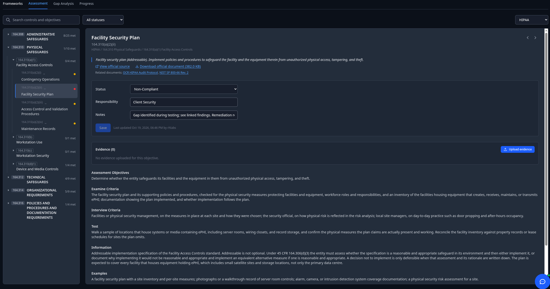 Compliance assessment tab