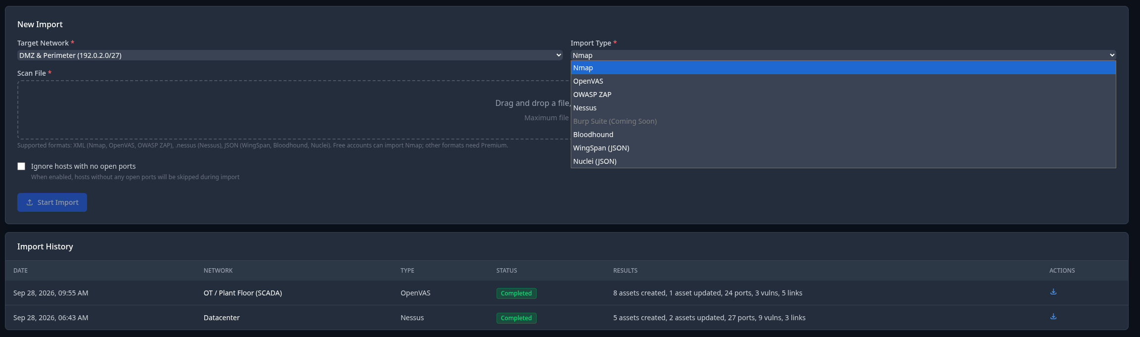 Imports tab with the import type menu open