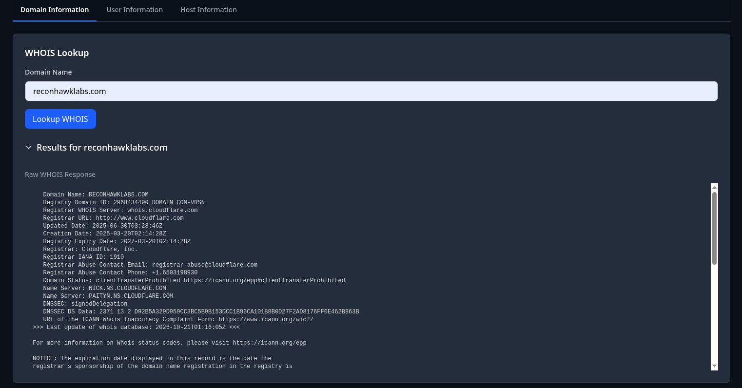 OSINT Tools interface showing a WHOIS lookup